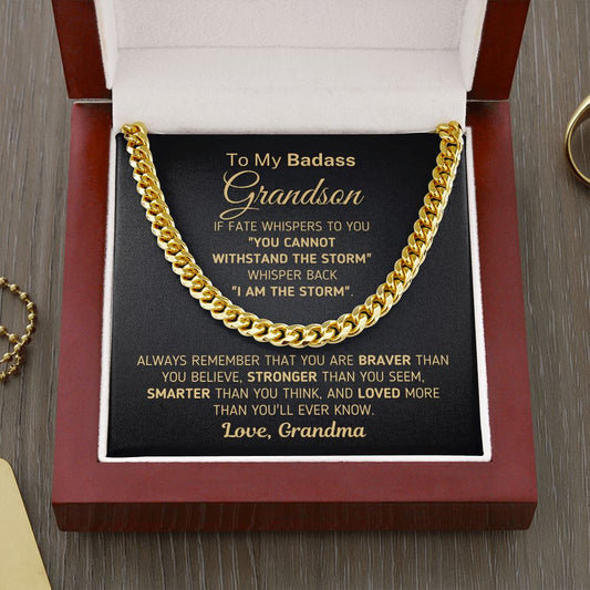 Gift for Grandson From Grandma "I Am The Storm" Chain Necklace Jewelry Cuban Link Chain (14K Gold Over Stainless Steel) 