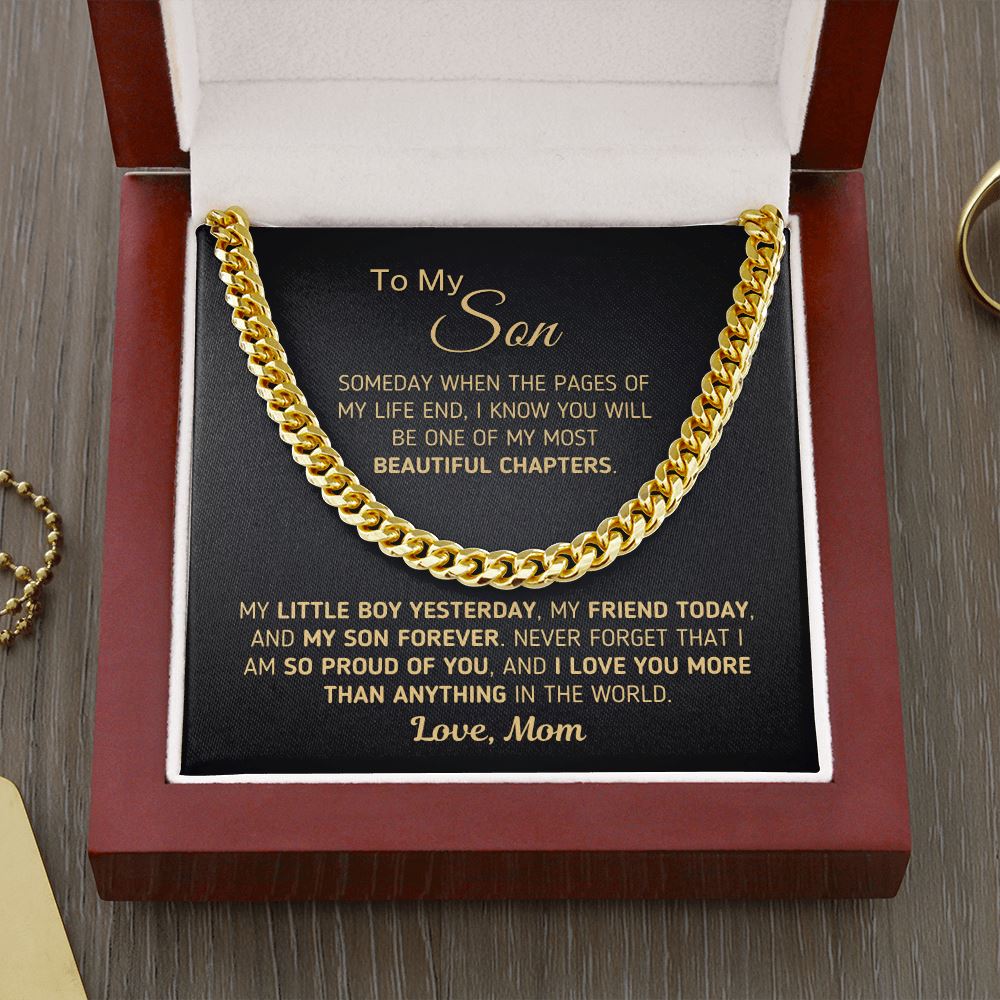 Gift for Son - "Beautiful Chapters" Chain Necklace Jewelry Cuban Link Chain (14K Gold Over Stainless Steel) 
