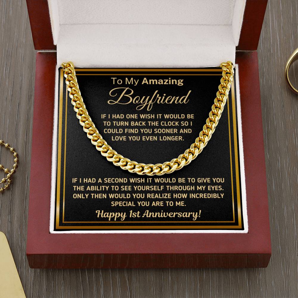Gift for Boyfriend - "Happy 1st Anniversary" Chain Necklace Jewelry Cuban Link Chain (14K Gold Over Stainless Steel) 