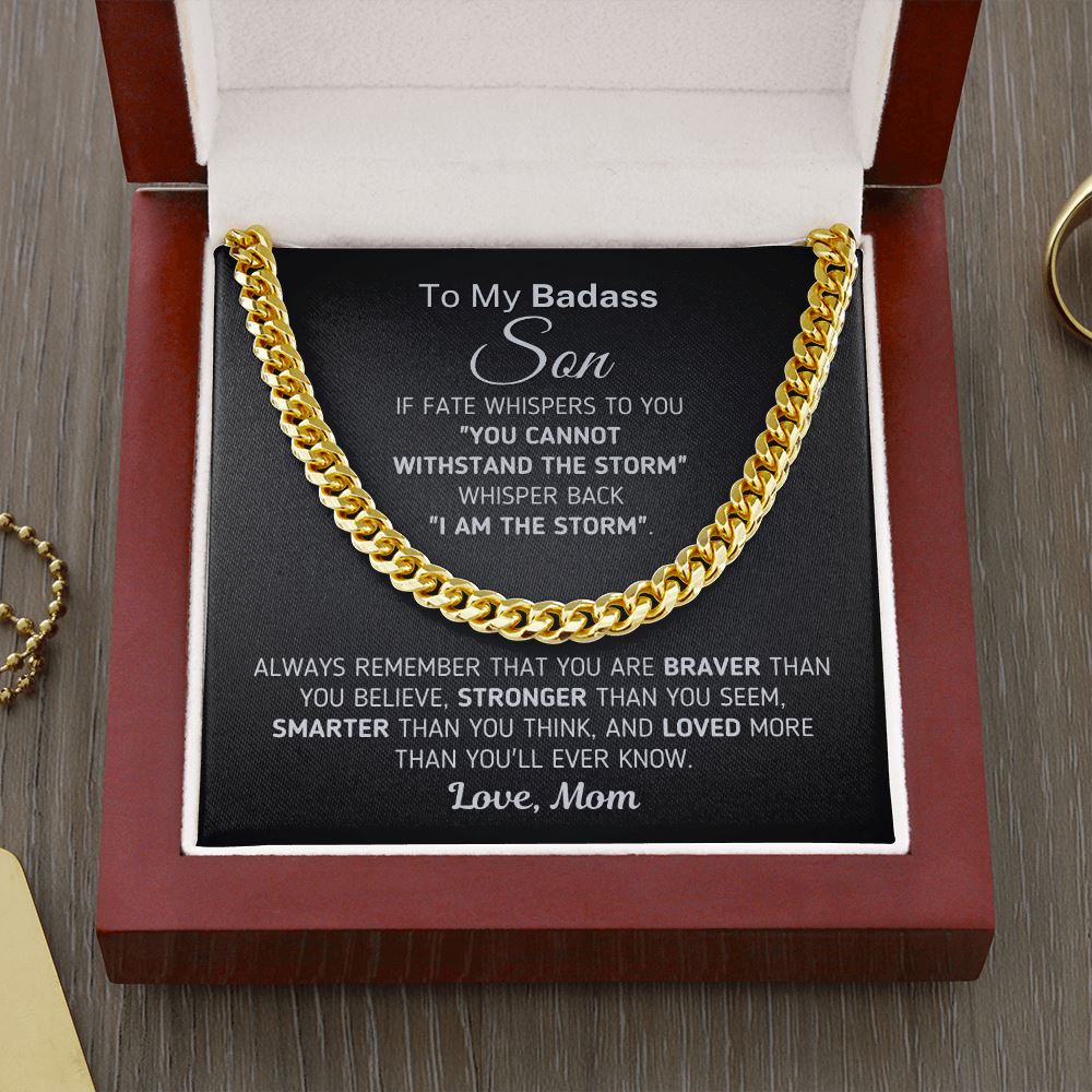 Gift for Son From Mom "I Am The Storm" Chain Necklace Jewelry Cuban Link Chain (14K Gold Over Stainless Steel) 