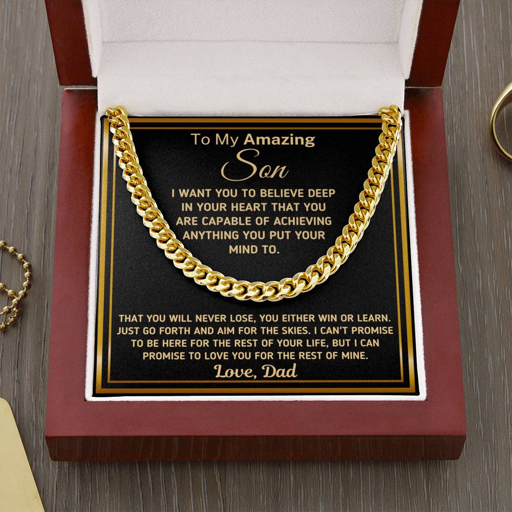 Gift For Son - "You Are Capable of Achieving Anything" Love Dad Chain Necklace Jewelry Cuban Link Chain (14K Gold Over Stainless Steel) 