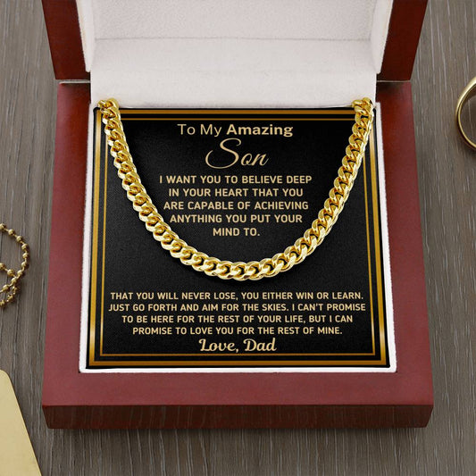 Gift For Son - "You Are Capable of Achieving Anything" Love Dad Chain Necklace Jewelry Cuban Link Chain (14K Gold Over Stainless Steel) 