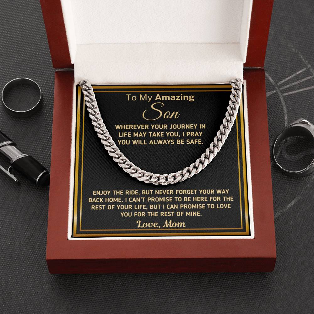 Gift for Son - "Wherever Your Journey May Take You - Love Mom" Chain Necklace Jewelry Cuban Link Chain (Stainless Steel) 