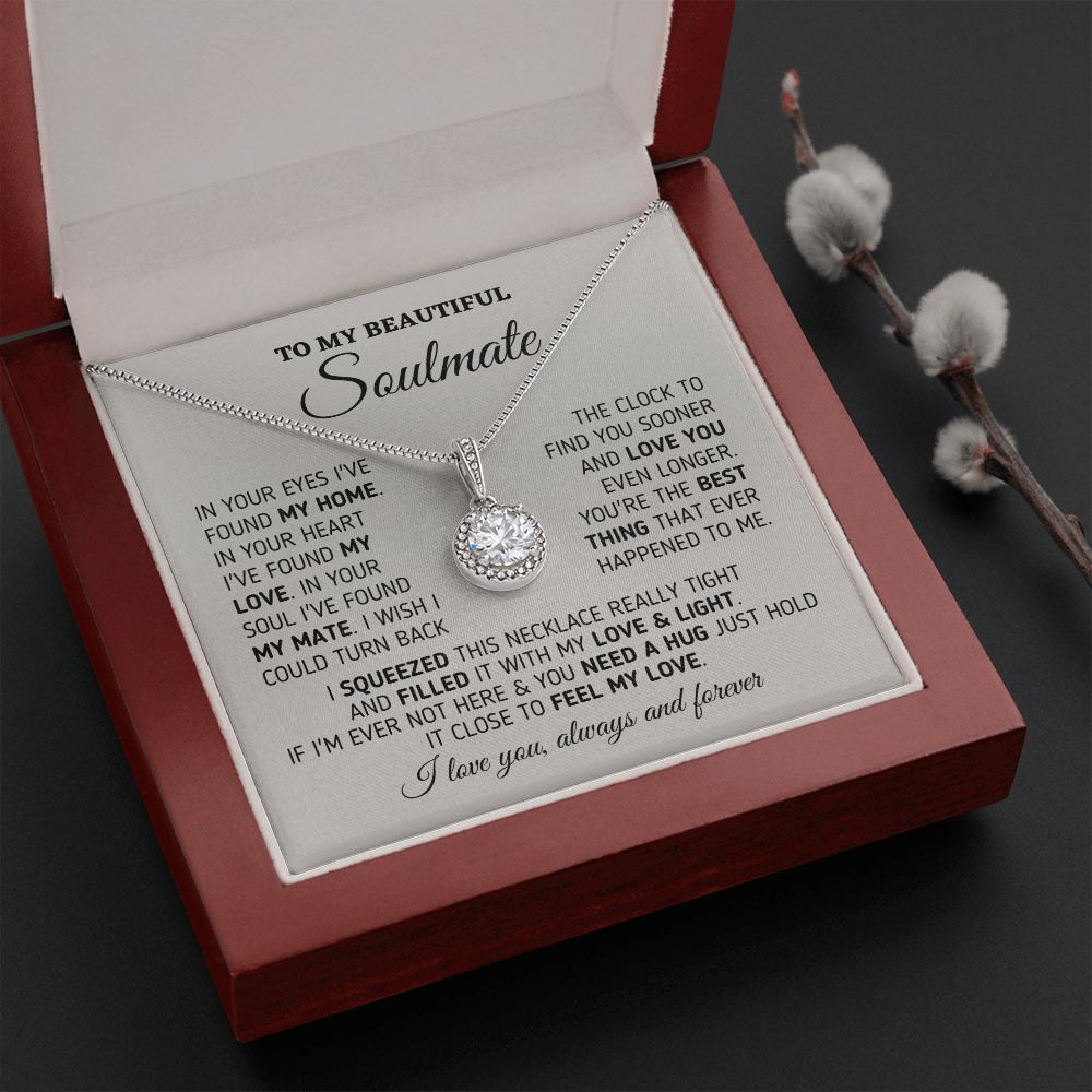 Gift for Soulmate "My Home, My Love, My Mate" Necklace Jewelry Mahogany Style Luxury Box (w/LED) 
