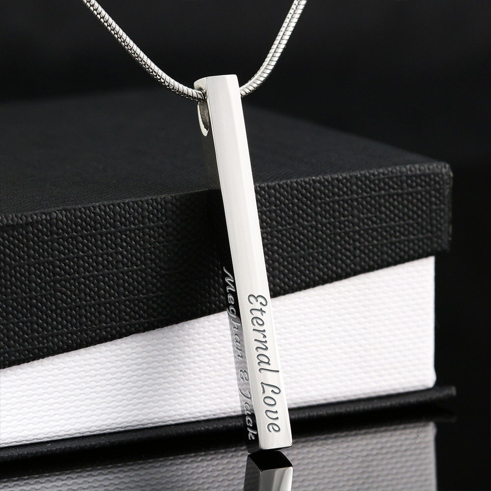Personalized Engravable Stainless Steel or Gold Vertical Bar Necklace Jewelry Engraved 4 Sided Stick Necklace (Stainless Steel) 