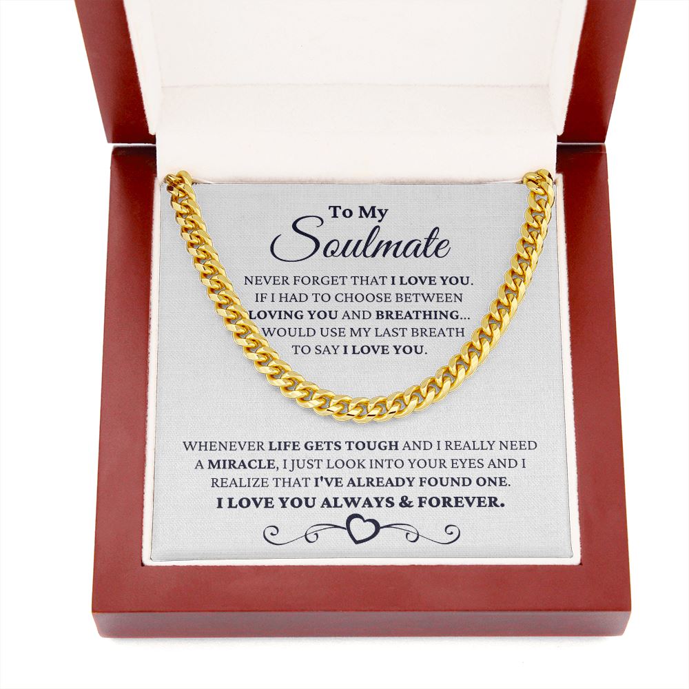 Gift for Soulmate "I Just Look Into Your Eyes" Necklace For Him Jewelry 14K Gold Over Stainless Steel Cuban Link Chain Mahogany Style Luxury Box (w/LED) 