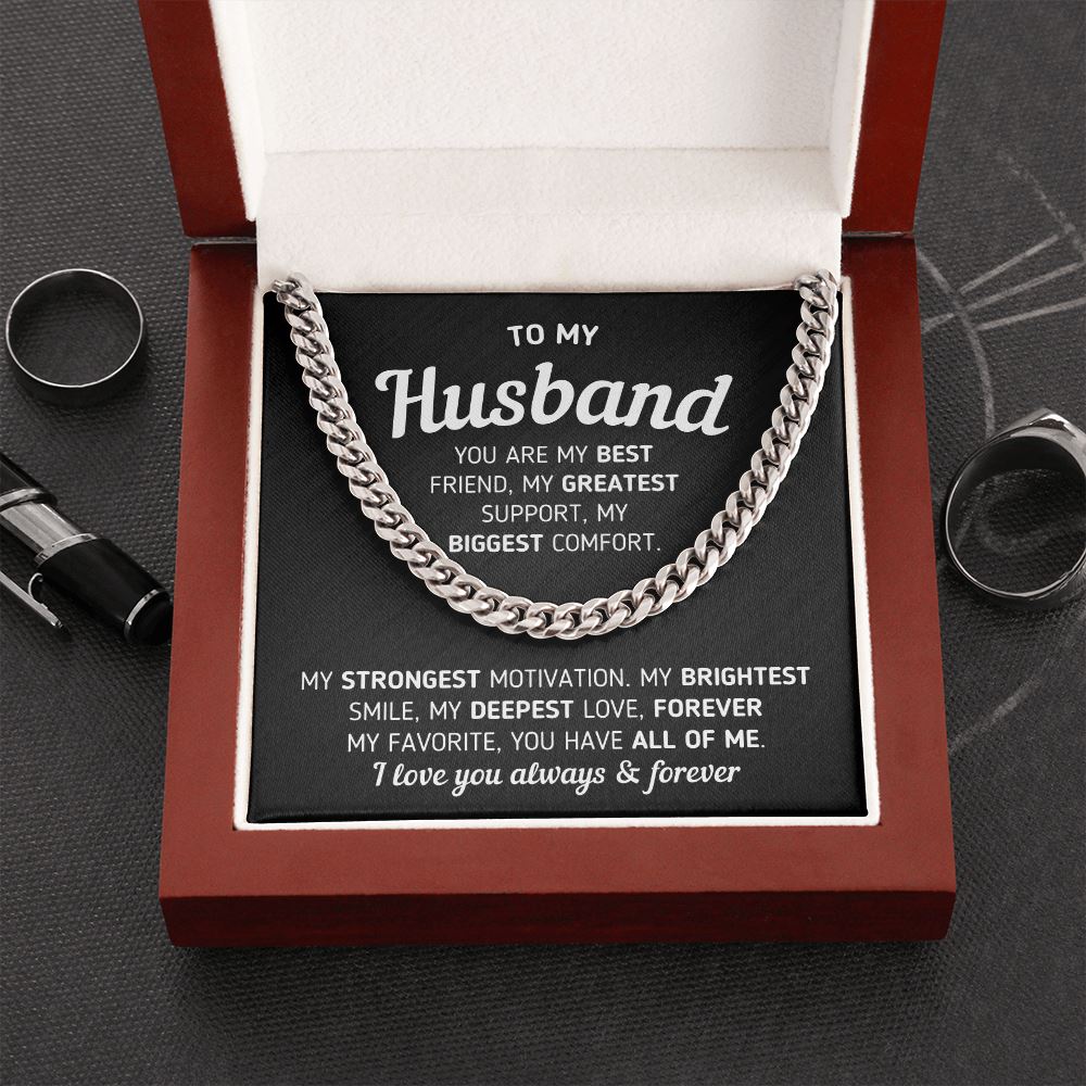 Gift For Husband "You Are My Best Friend" Necklace Jewelry Stainless Steel Cuban Link Chain Mahogany Style Luxury Box (w/LED) 