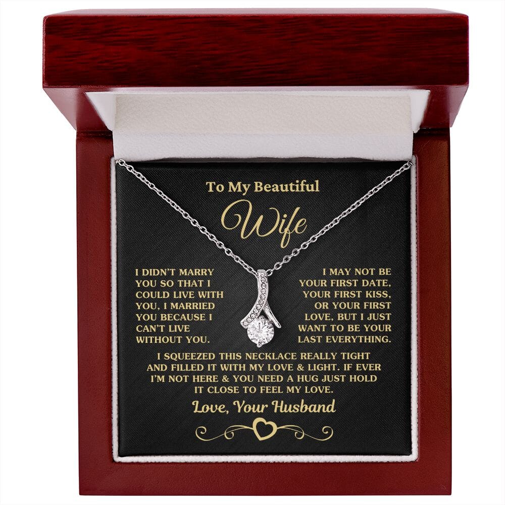 Gift for Wife "I Can't Live Without You" Gold Necklace Jewelry 14K White Gold Finish Mahogany Style Luxury Box (w/LED) 