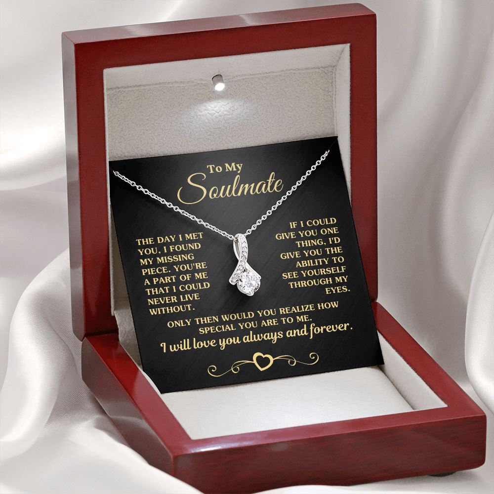 Gift for Soulmate "My Missing Piece" Gold Necklace Jewelry 14K White Gold Finish Mahogany Style Luxury Box (w/LED) 