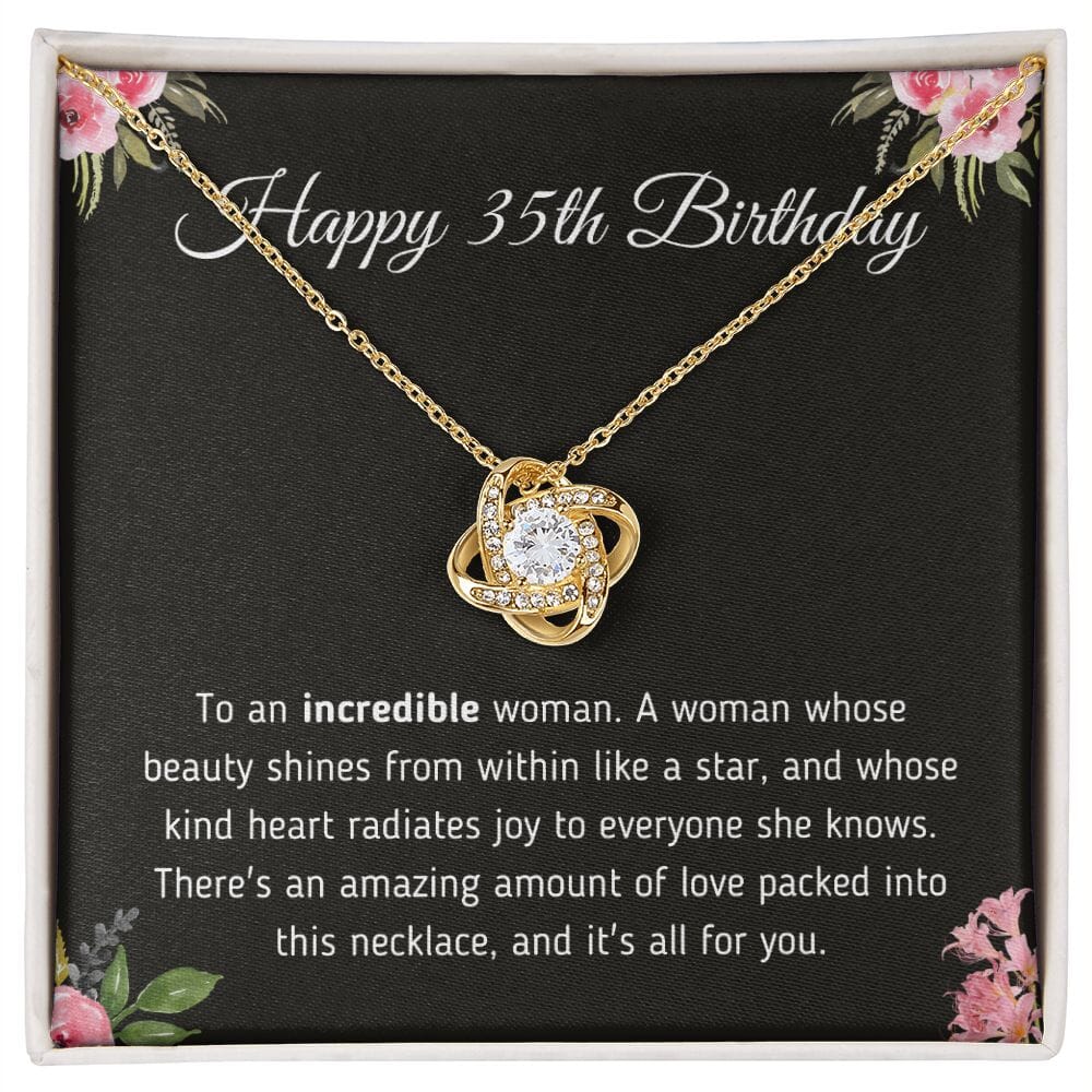 Beautiful "Happy 35th Birthday To An Incredible Woman" Knot Necklace Jewelry 18K Yellow Gold Finish Two-Toned Gift Box 