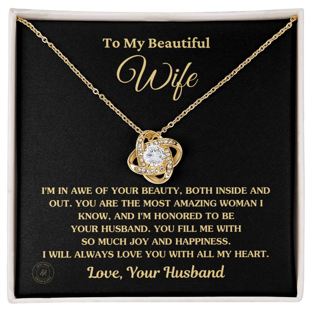 Gift For Wife "I'm In Awe Of Your Beauty" Knot Necklace Jewelry 18K Yellow Gold Finish Standard Box 