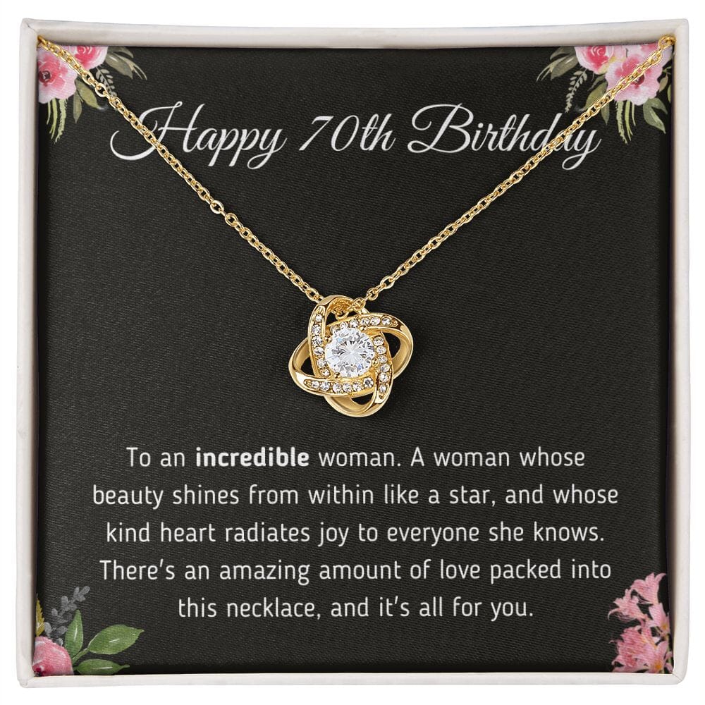 Beautiful "Happy 70th Birthday To An Incredible Woman" Knot Necklace Jewelry 18K Yellow Gold Finish Two-Toned Gift Box 