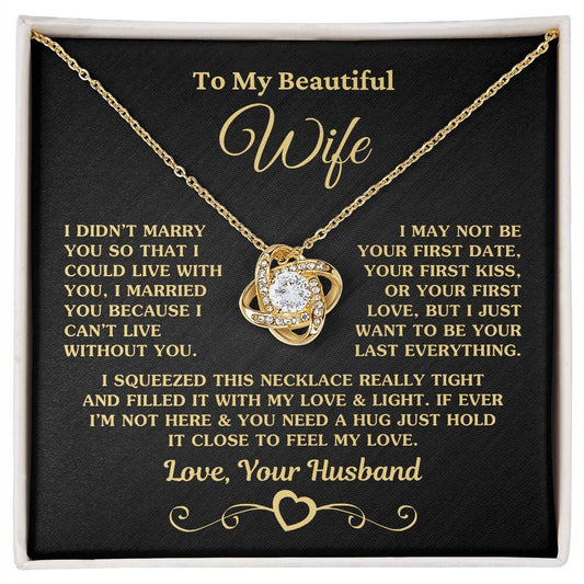 Beautiful Gift for Wife "I Can't Live Without You" Gold Knot Necklace Jewelry 18K Yellow Gold Finish Two-Toned Gift Box 