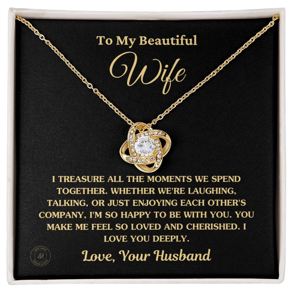 Gift For Wife "I Treasure All The Moments" Knot Necklace Jewelry 18K Yellow Gold Finish Standard Box 