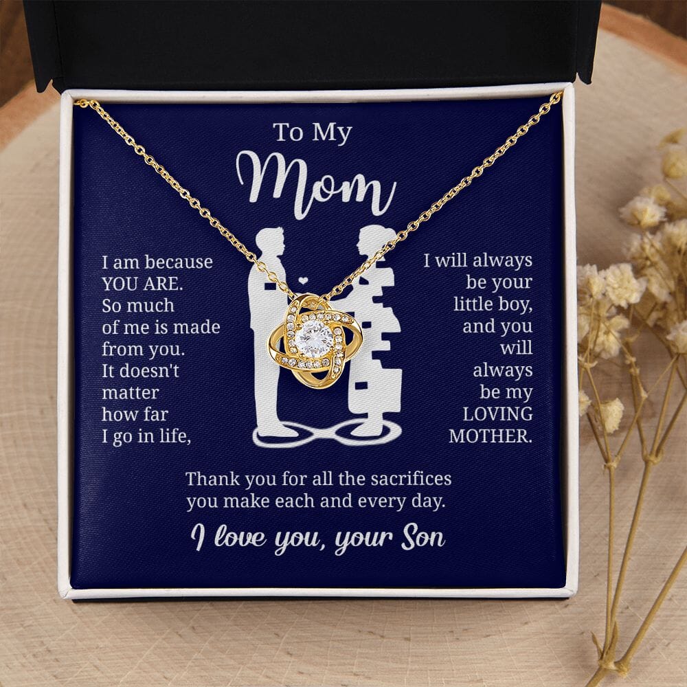 Gift For Mom From Son "I Am Because You Are" Knot Necklace Jewelry 18K Yellow Gold Finish Two-Toned Gift Box 