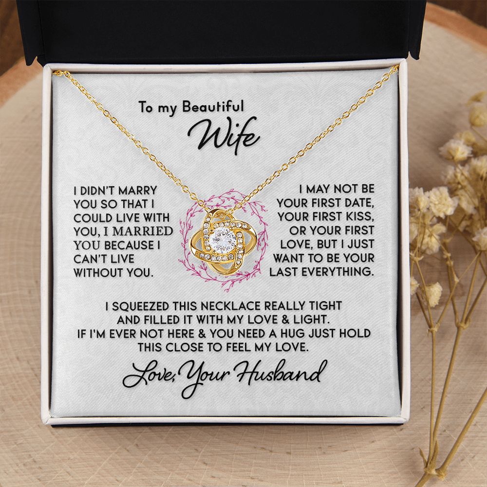 Gift for Wife "I Can't Live Without You" Gold Knot Necklace Jewelry 18K Yellow Gold Finish Two-Toned Gift Box 