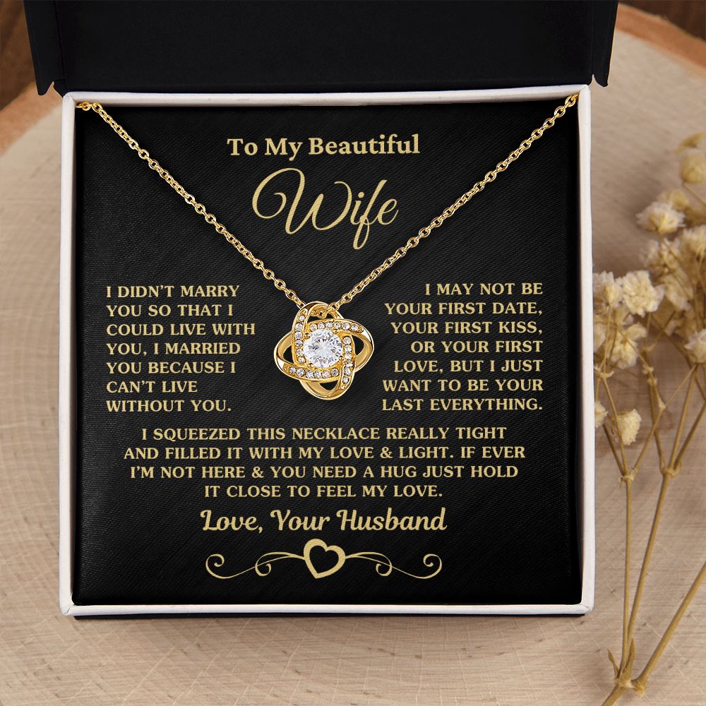 Gift for Wife "I Can't Live Without You" Gold Knot Necklace Jewelry 18K Yellow Gold Finish Two-Toned Gift Box 