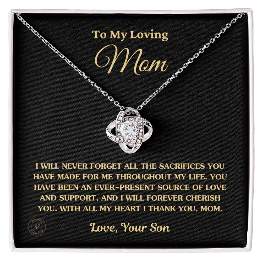 Gift for Mom From Son - "I Never Forget All The Sacrifices You Made" Necklace Jewelry 14K White Gold Finish Standard Box 