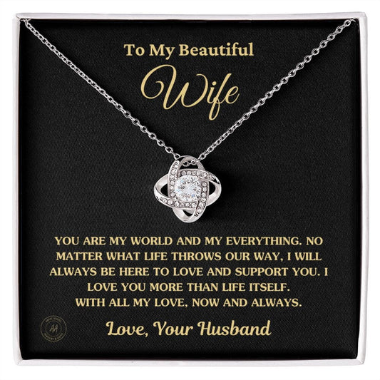 Gift For Wife "You Are My World And My Everything" Knot Necklace Jewelry 14K White Gold Finish Standard Box 