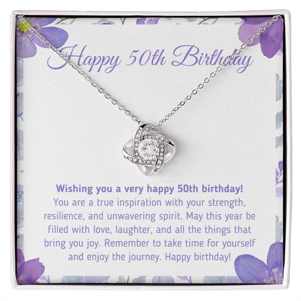 Beautiful "Happy 50th Birthday - You Are A True Inspiration" Knot Necklace Jewelry 14K White Gold Finish Two-Toned Gift Box 
