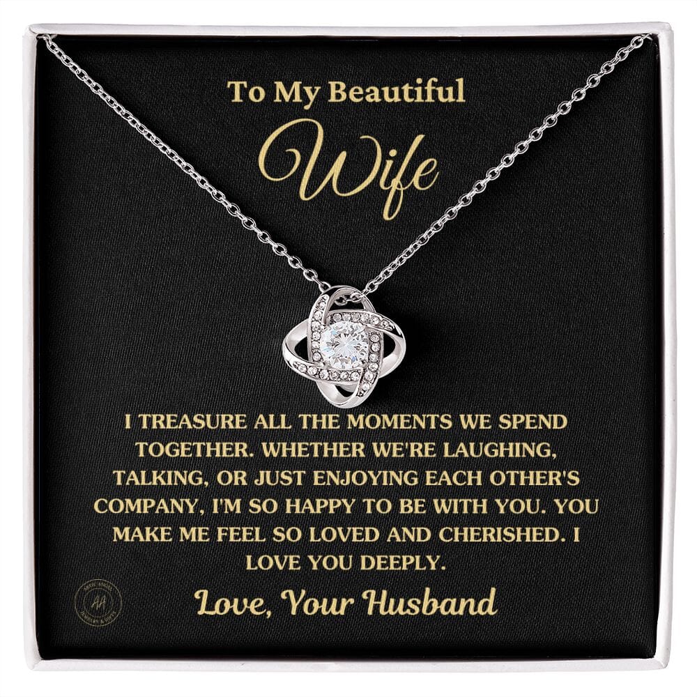 Gift For Wife "I Treasure All The Moments" Knot Necklace Jewelry 14K White Gold Finish Standard Box 