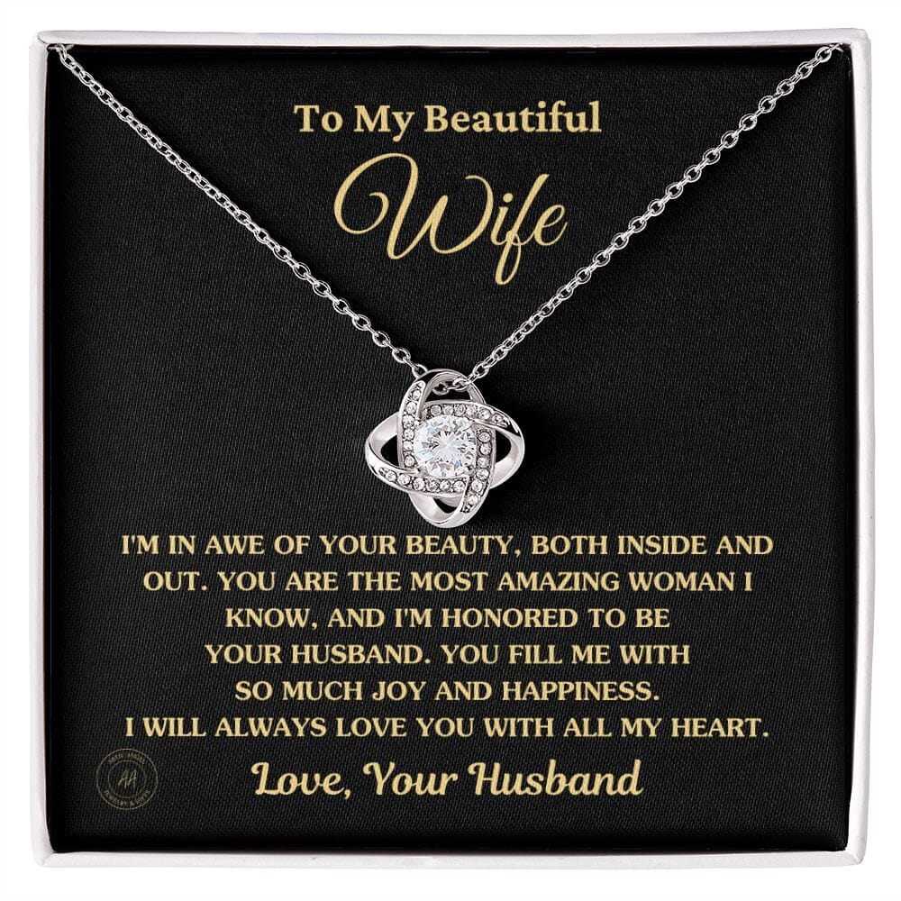 Gift For Wife "I'm In Awe Of Your Beauty" Knot Necklace Jewelry 14K White Gold Finish Standard Box 