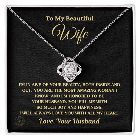 Gift For Wife "I'm In Awe Of Your Beauty" Knot Necklace Jewelry 14K White Gold Finish Standard Box 