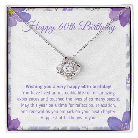 Beautiful "Happy 60th Birthday - You Have Lived An Incredible Life" Knot Necklace Jewelry 14K White Gold Finish Two-Toned Gift Box 