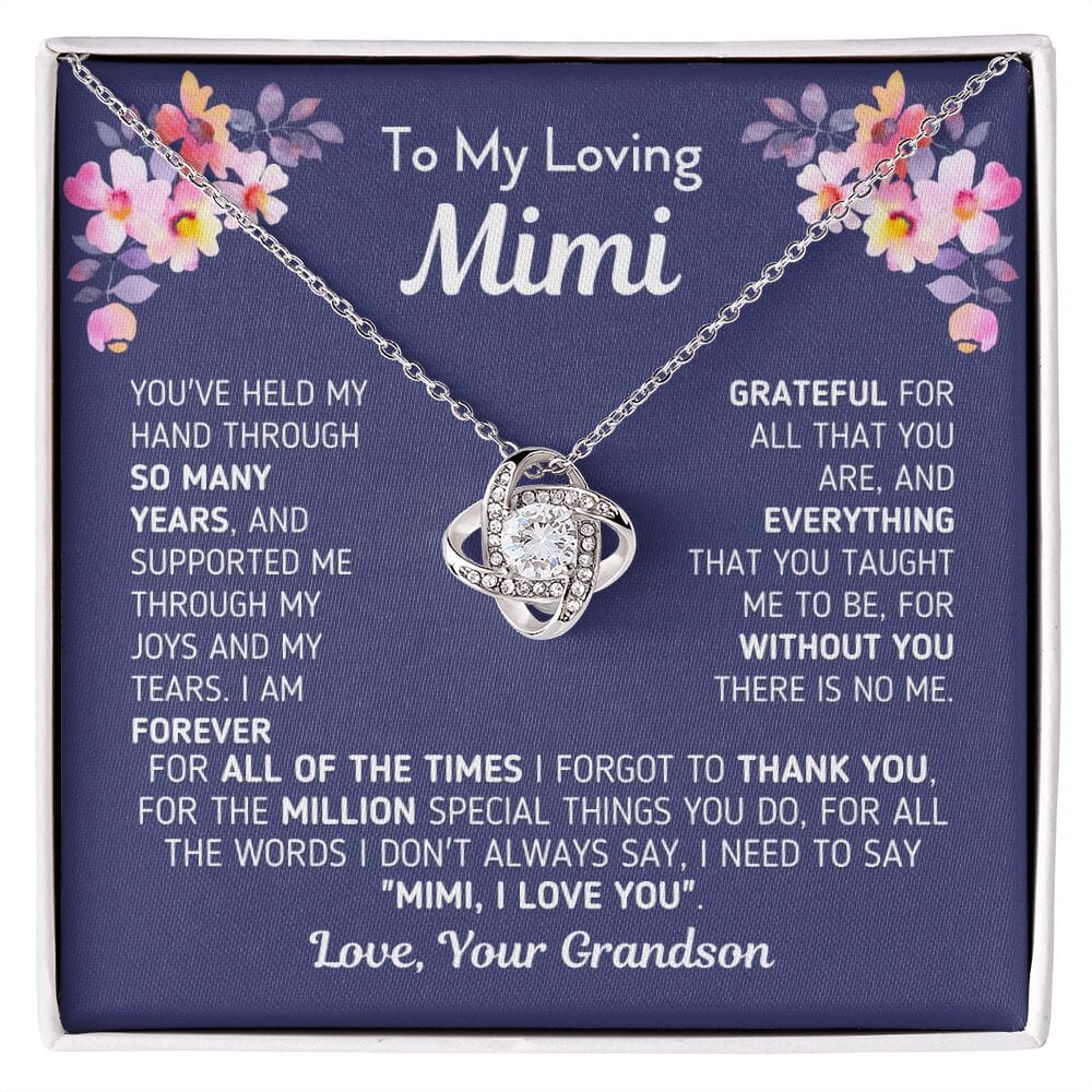 Gift for Mimi From Grandson "Without You There Is No Me" Knot Necklace Jewelry 14K White Gold Finish Two-Toned Gift Box 