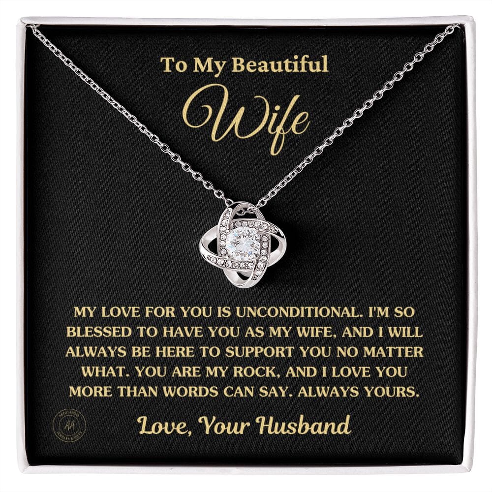 Gift For Wife "My Love For You Is Unconditional" Knot Necklace Jewelry 14K White Gold Finish Standard Box 