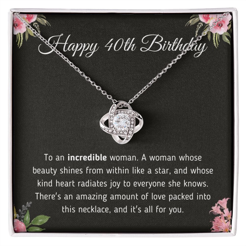 Beautiful "Happy 40th Birthday To An Incredible Woman" Knot Necklace Jewelry 14K White Gold Finish Two-Toned Gift Box 