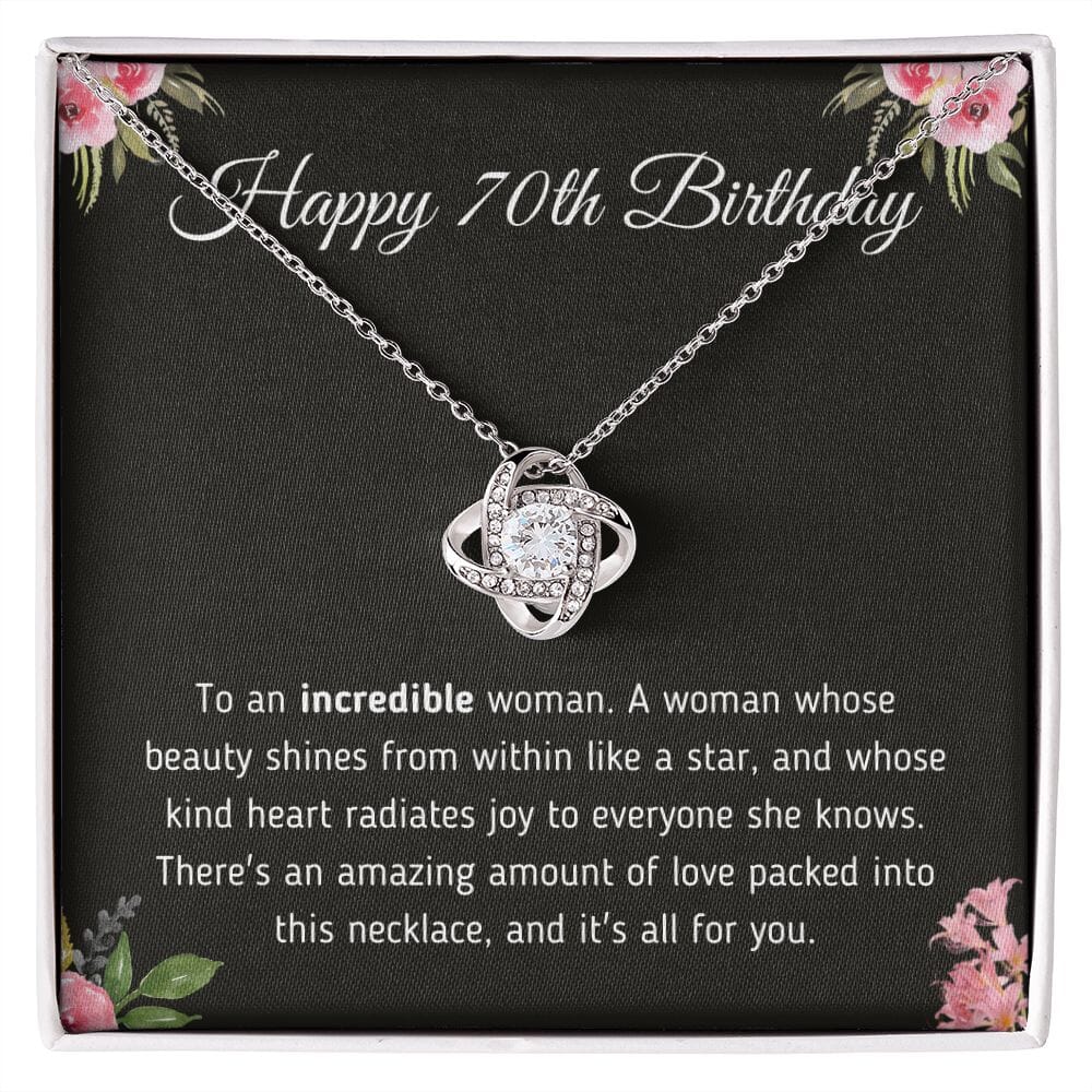Beautiful "Happy 70th Birthday To An Incredible Woman" Knot Necklace Jewelry 14K White Gold Finish Two-Toned Gift Box 