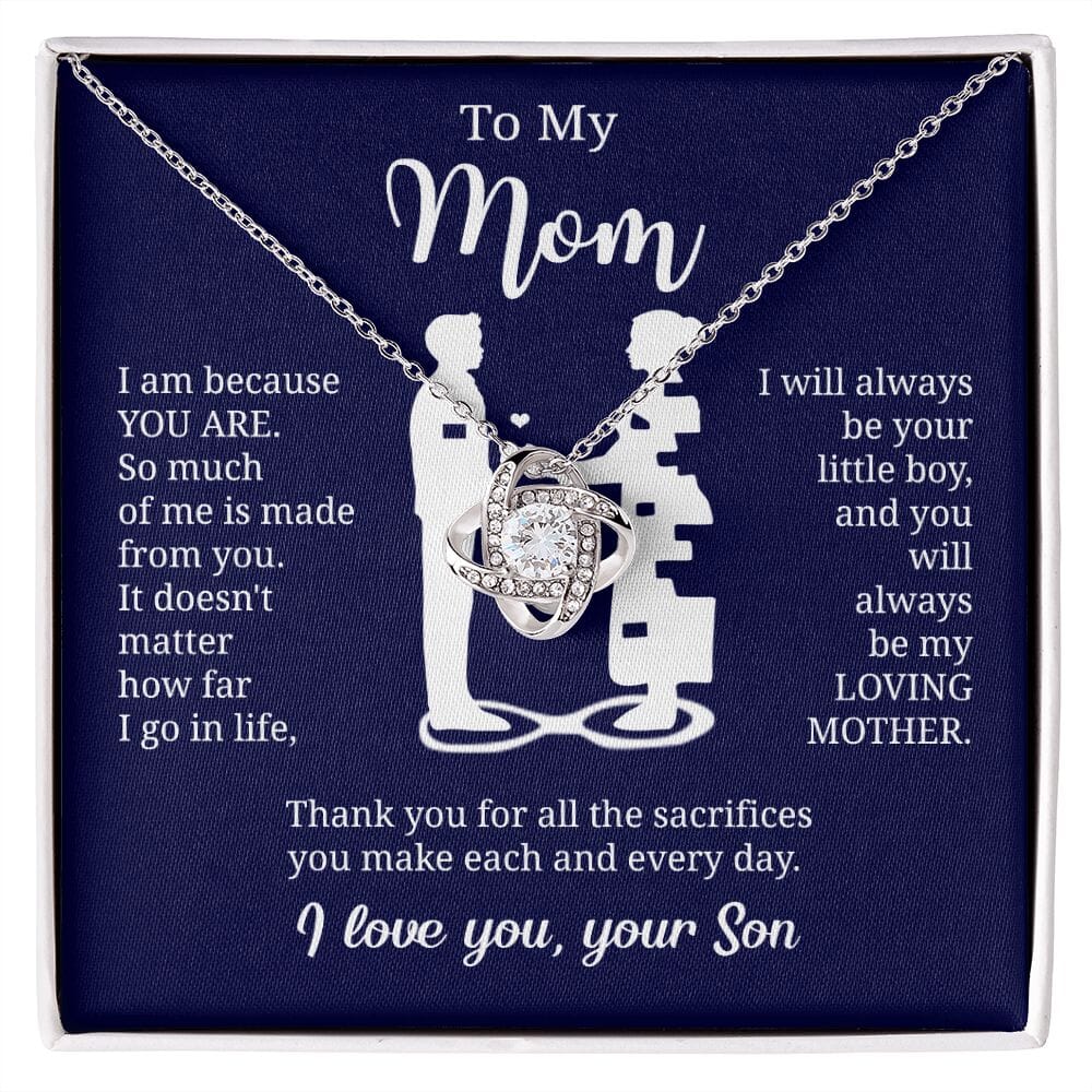 Gift For Mom From Son "I Am Because You Are" Knot Necklace Jewelry 14K White Gold Finish Two-Toned Gift Box 