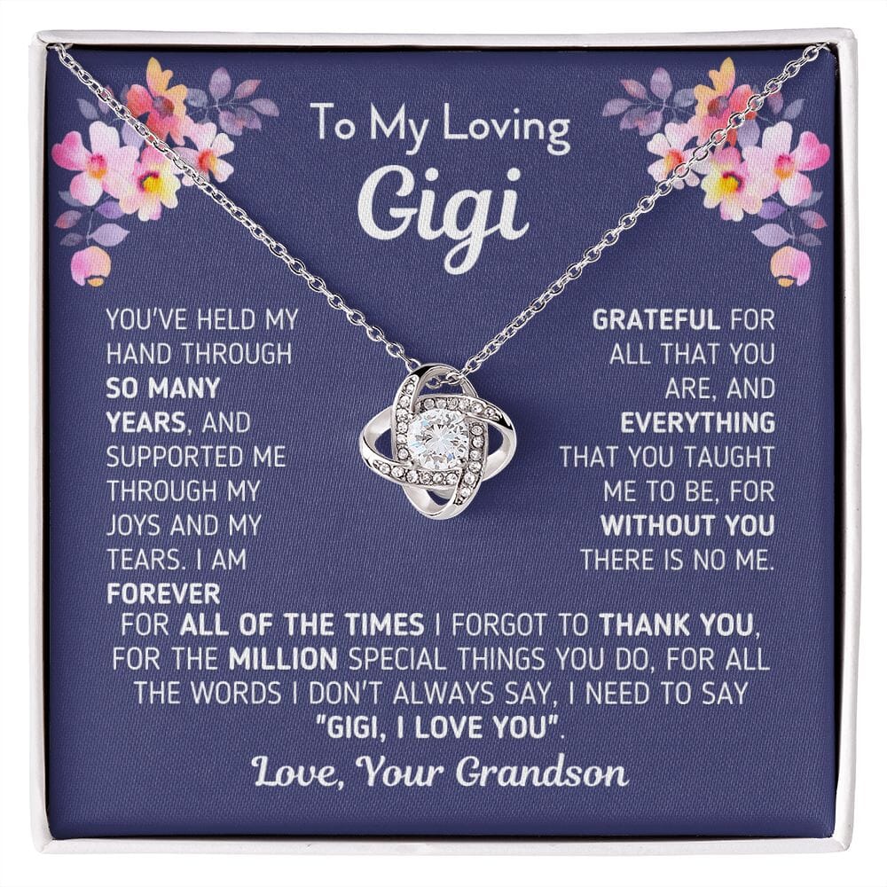 Gift for Gigi From Grandson "Without You There Is No Me" Knot Necklace Jewelry 14K White Gold Finish Two-Toned Gift Box 
