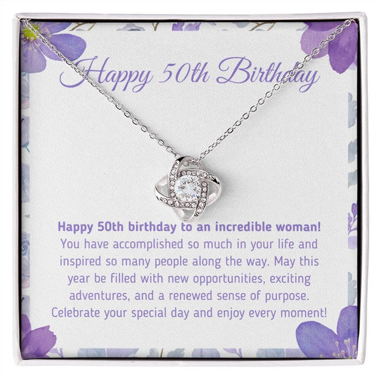 Beautiful "Happy 50th Birthday - You Have Accomplished So Much" Knot Necklace Jewelry 14K White Gold Finish Two-Toned Gift Box 