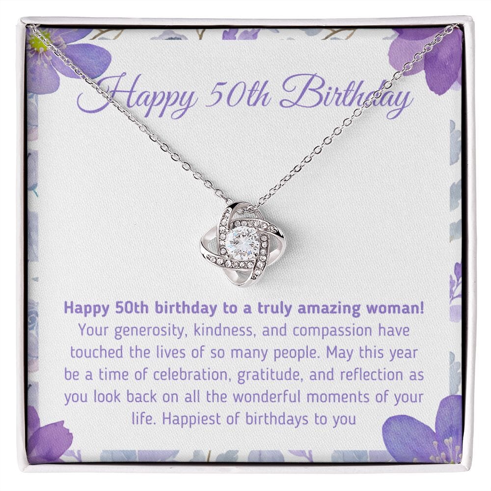 Beautiful "Happy 50th Birthday - To A Truly Amazing Woman" Knot Necklace Jewelry 14K White Gold Finish Two-Toned Gift Box 