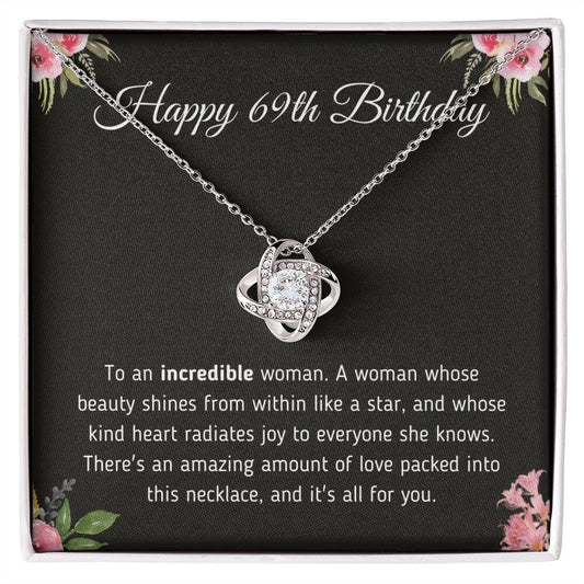 Beautiful "Happy 69th Birthday To An Incredible Woman" Knot Necklace Jewelry 14K White Gold Finish Two-Toned Gift Box 