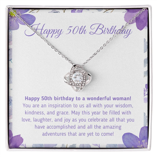 Beautiful "Happy 50th Birthday - You Are An Inspiration To Us All" Knot Necklace Jewelry 14K White Gold Finish Two-Toned Gift Box 