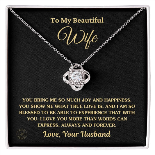 Gift For Wife "You Bring Me So Much Joy And Happiness" Knot Necklace Jewelry 14K White Gold Finish Standard Box 