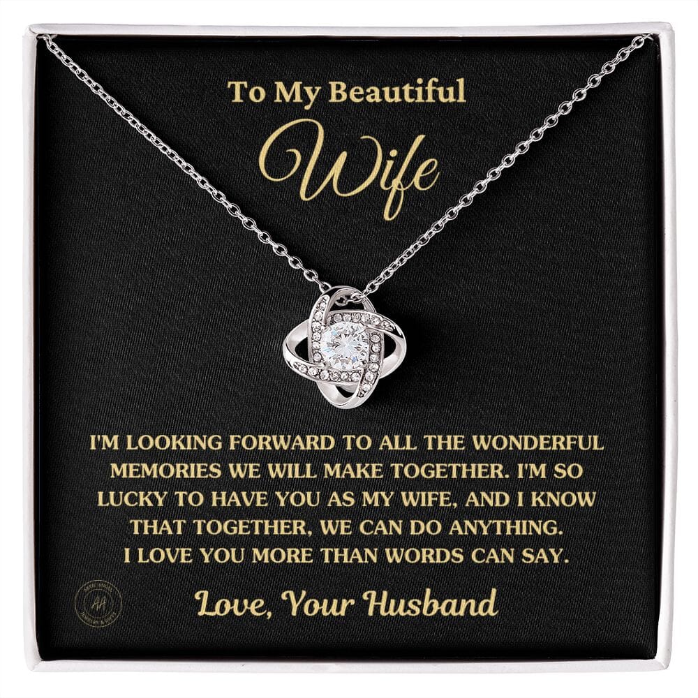 Gift For Wife "I'm So Lucky To Have You As My Wife" Knot Necklace Jewelry 14K White Gold Finish Standard Box 