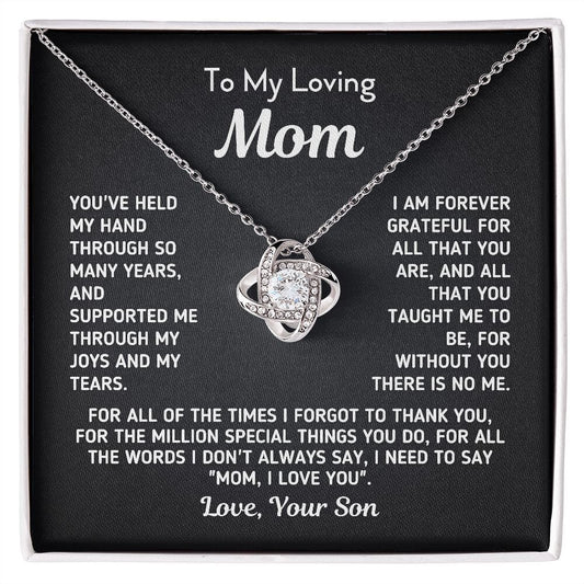 Gift for Mom From Son - "Without You There Is No Me" Gold Knot Necklace Jewelry 14K White Gold Finish Two-Toned Gift Box 