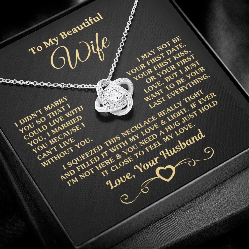 Gift for Wife "I Can't Live Without You" Gold Knot Necklace Jewelry 14K White Gold Finish Two-Toned Gift Box 