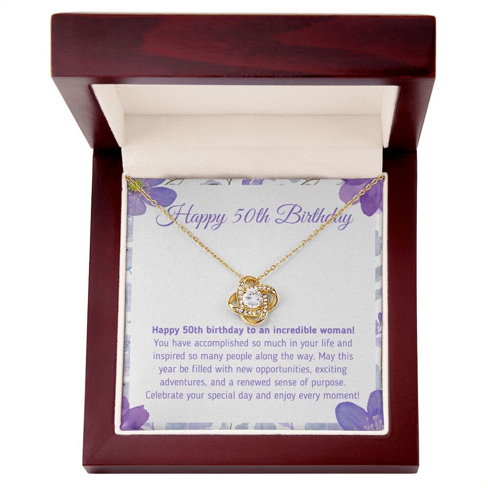 Beautiful "Happy 50th Birthday - You Have Accomplished So Much" Knot Necklace Jewelry 18K Yellow Gold Finish Mahogany Style Luxury Box (w/LED) 