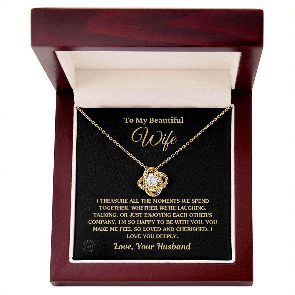 Gift For Wife "I Treasure All The Moments" Knot Necklace Jewelry 18K Yellow Gold Finish Luxury Box 
