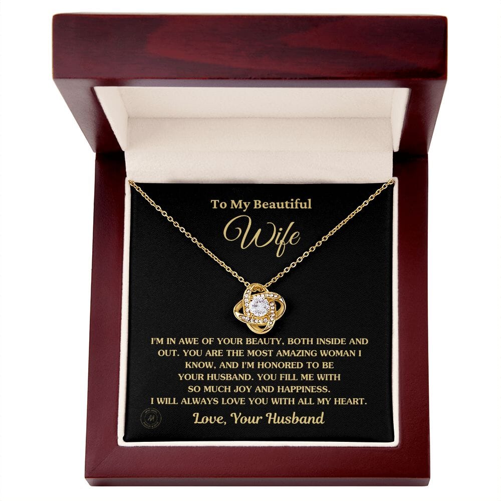 Gift For Wife "I'm In Awe Of Your Beauty" Knot Necklace Jewelry 18K Yellow Gold Finish Luxury Box 