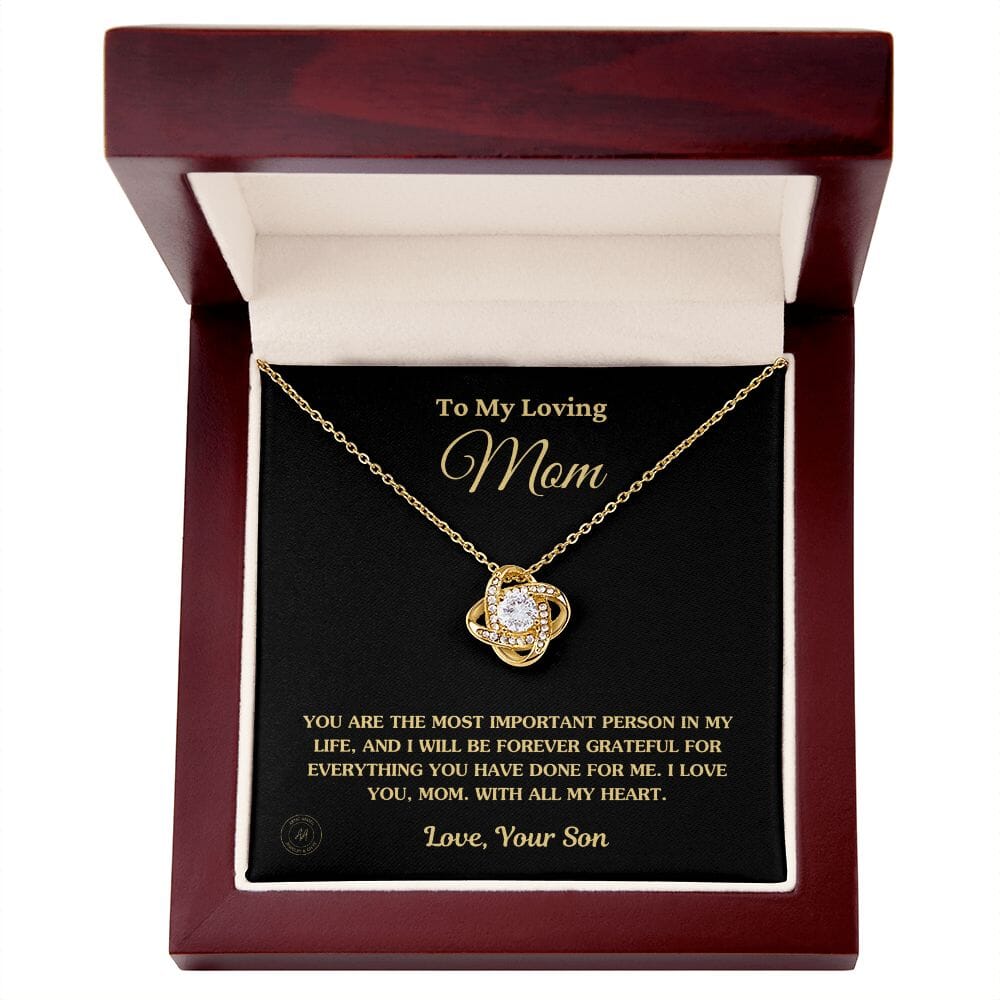 Gift for Mom From Son - "The Most Important Person In My Life" Necklace Jewelry 18K Yellow Gold Finish Mahogany Style Luxury Box (w/LED) 