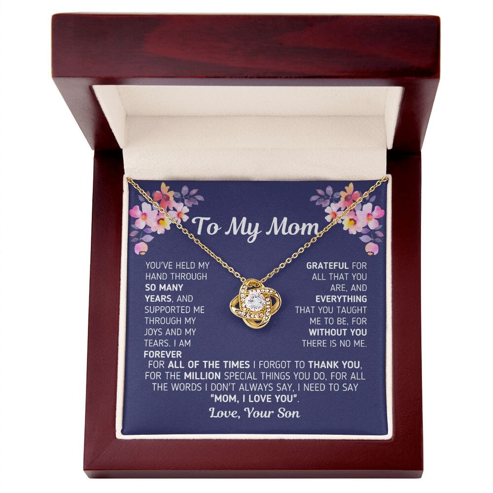 Gift for Mom From Son "Without You There Is No Me" Knot Necklace Jewelry 18K Yellow Gold Finish Mahogany Style Luxury Box (w/LED) 