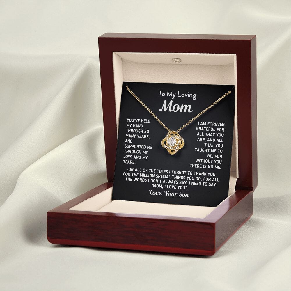 Gift for Mom From Son - "Without You There Is No Me" Gold Knot Necklace Jewelry 18K Yellow Gold Finish Mahogany Style Luxury Box (w/LED) 