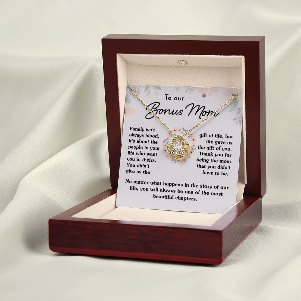 Gift For Our Bonus Mom "Most Beautiful Chapters" Necklace Jewelry 18K Yellow Gold Finish Mahogany Style Luxury Box (w/LED) 