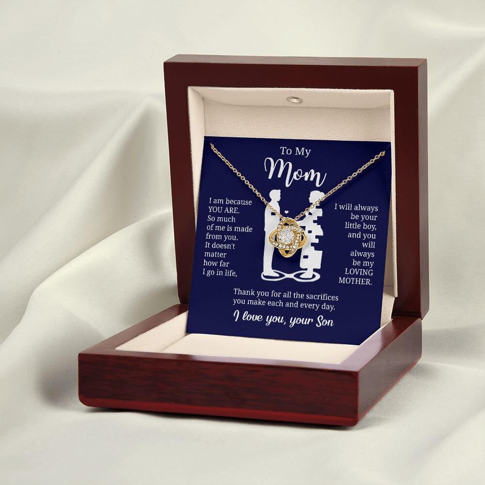 Gift For Mom From Son "I Am Because You Are" Knot Necklace Jewelry 18K Yellow Gold Finish Mahogany Style Luxury Box (w/LED) 